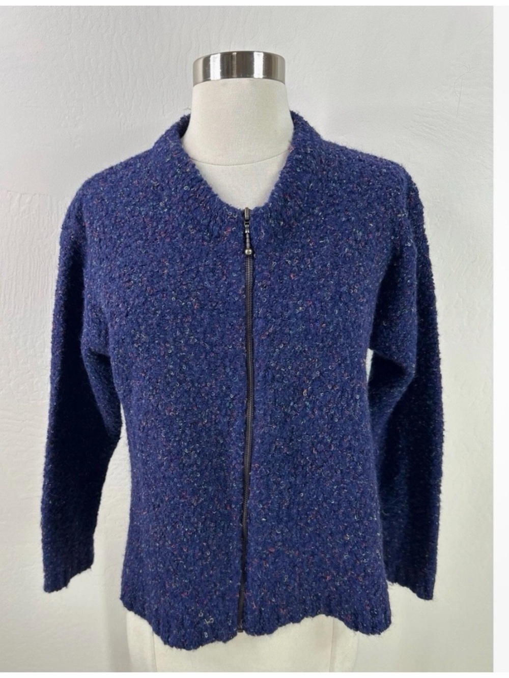 Kamal Wool Blend Women's Navy Zip-Front Bouclé Jacket